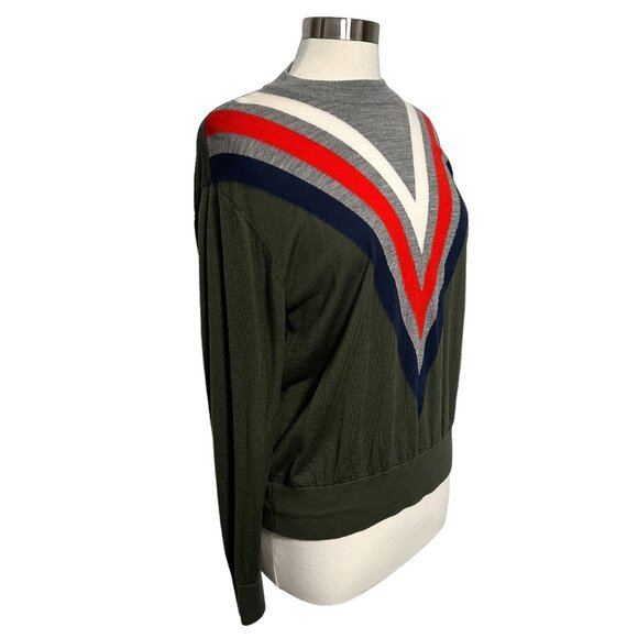 G/Fore Golf Womens Large Green Striped 100% Wool Lightweight Pullover V-Neck Swe - Picture 2 of 10